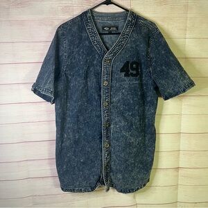 Retro Distrikt # 49 Denim Acid Wash Baseball Short Sleeve Shirt Size XL